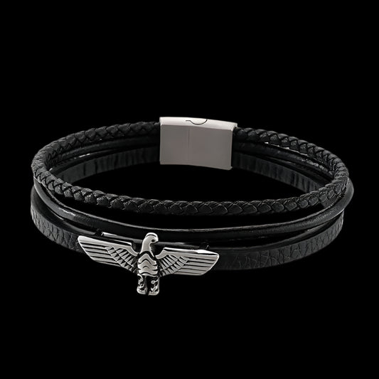 Aztec Eagle Steel and Leather Bracelet