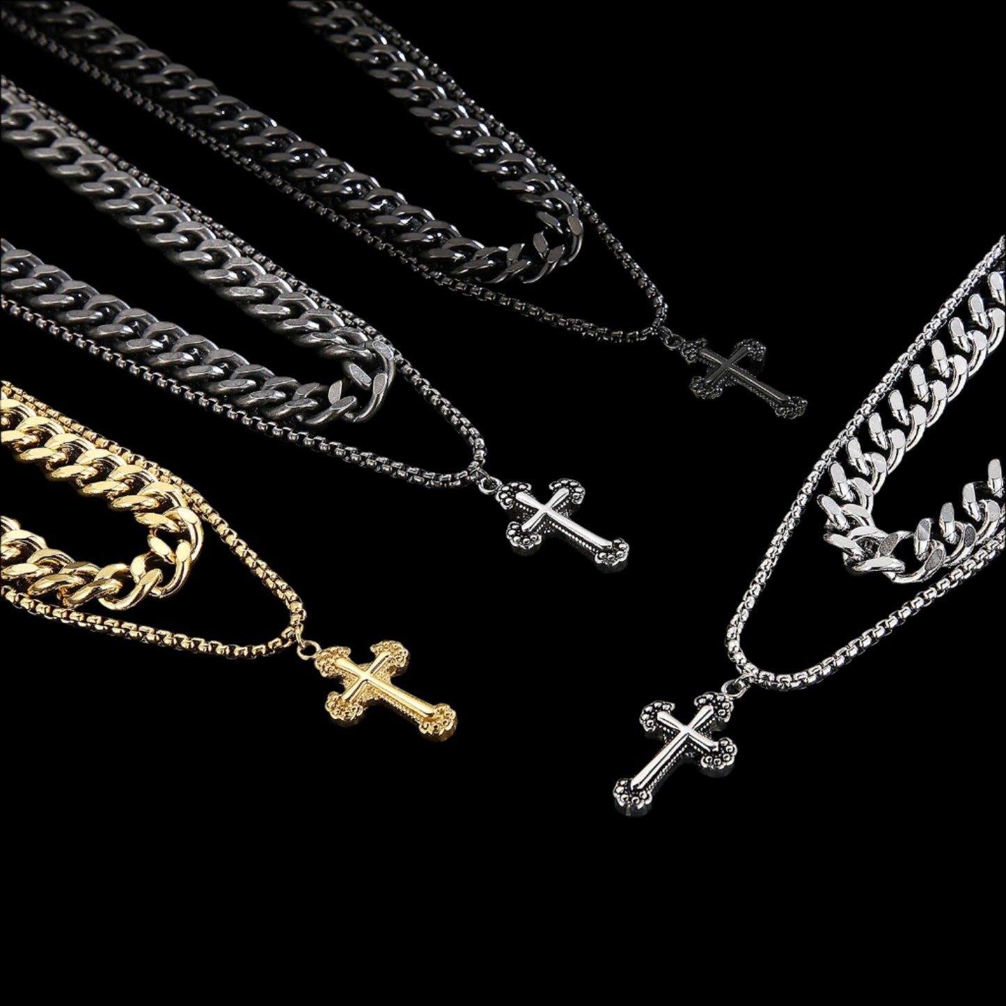 Double Layer Cross Pendant Chain Mens Necklace