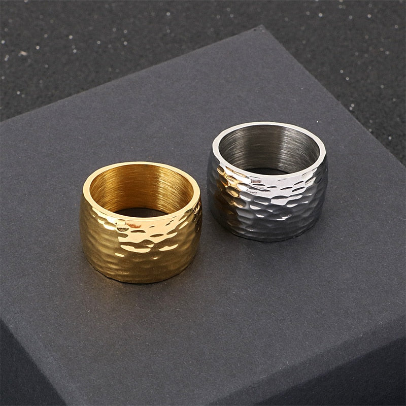 Wave Line Thick Hammered Mens Ring