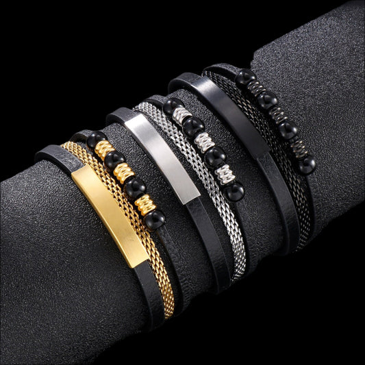 Leather and Steel Cyberpunk Triple Layer Bangle Bracelet
