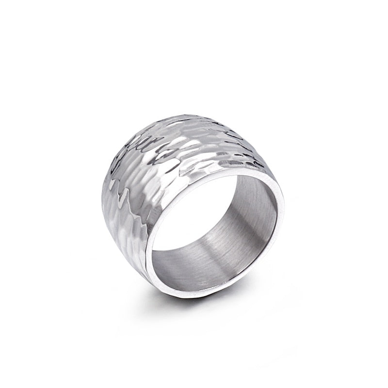 Wave Line Thick Hammered Mens Ring