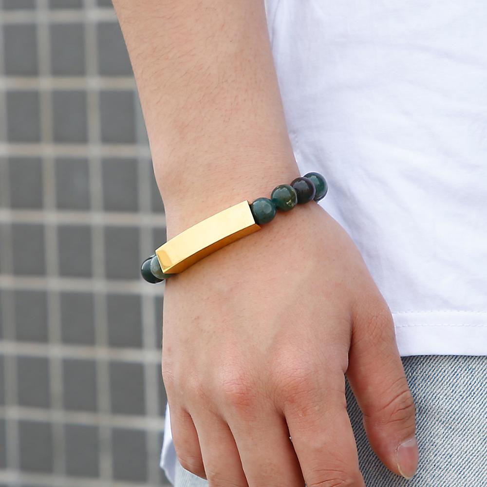 Jade Stone Bead Mens Bracelet with Bar Clasp
