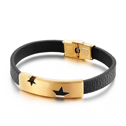Star Punch Steel Bar and Leather Mens Bracelet