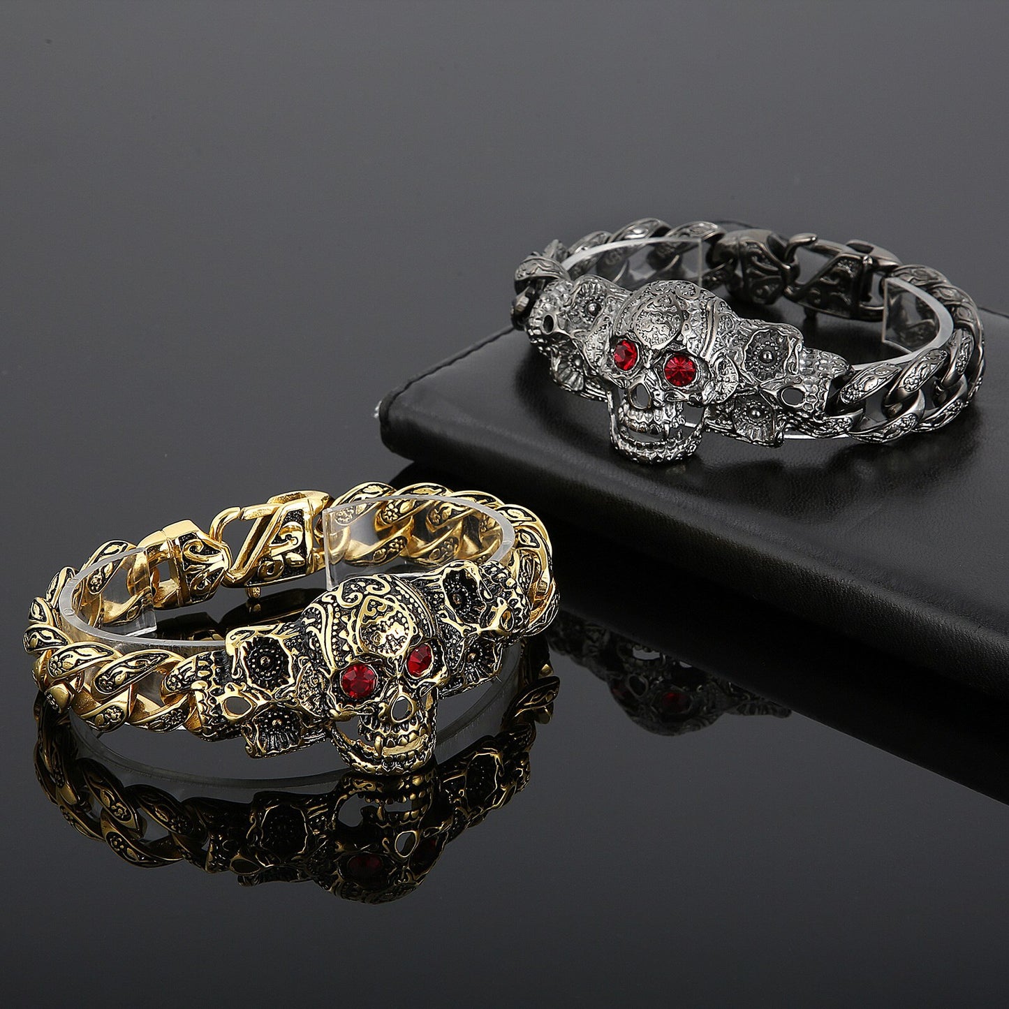 Garnet and Steel Sugar Skull Mens Bracelet