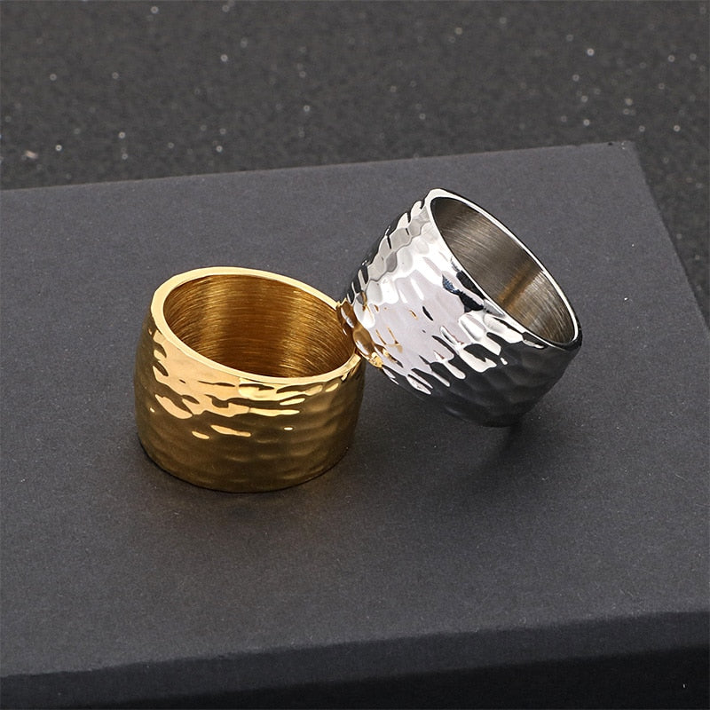Wave Line Thick Hammered Mens Ring