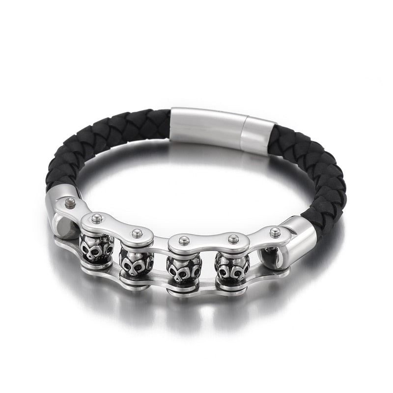 Skull Bicycle Chain Steel and Leather Mens Bracelet