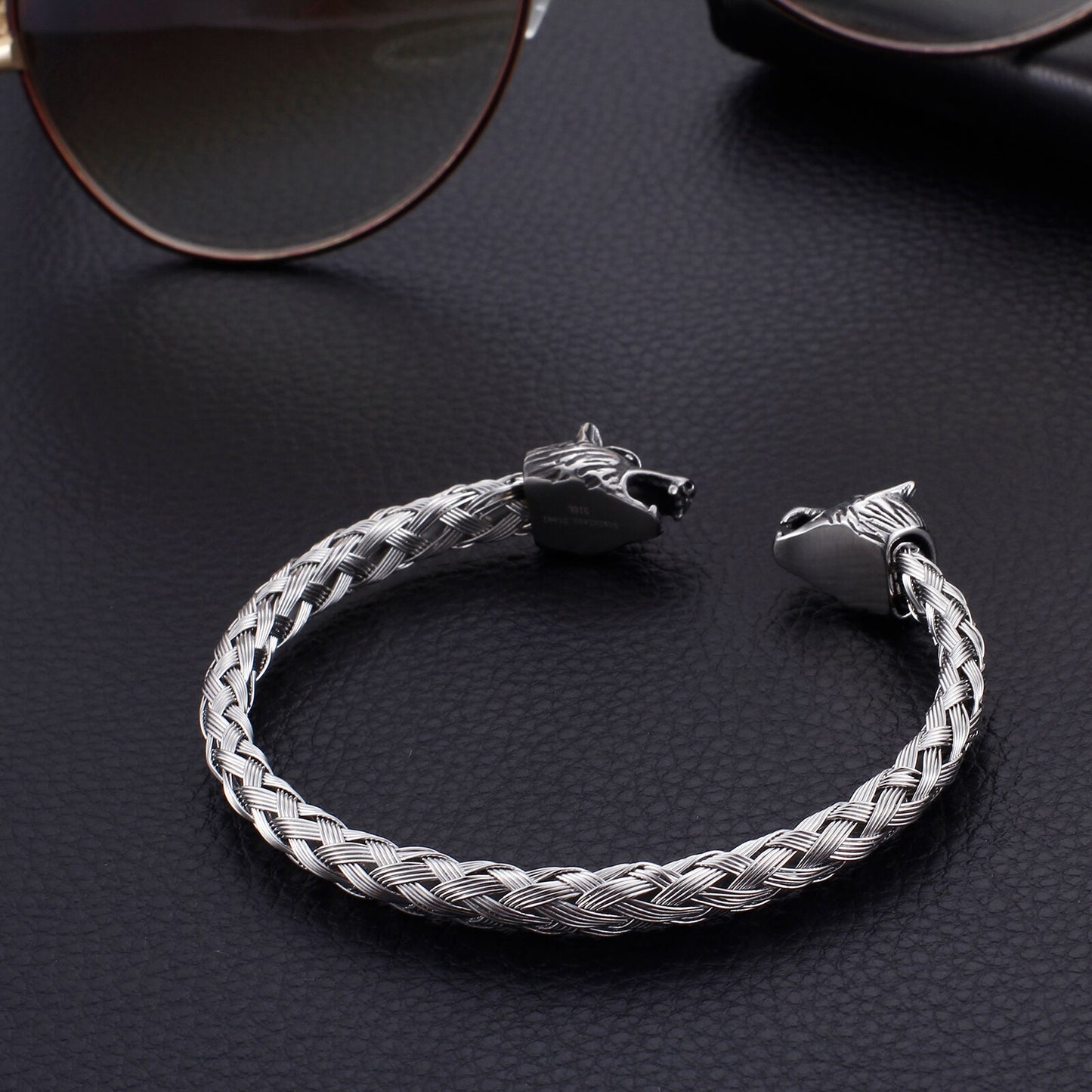 Modern Braided Steel Wolf Bangle Bracelet