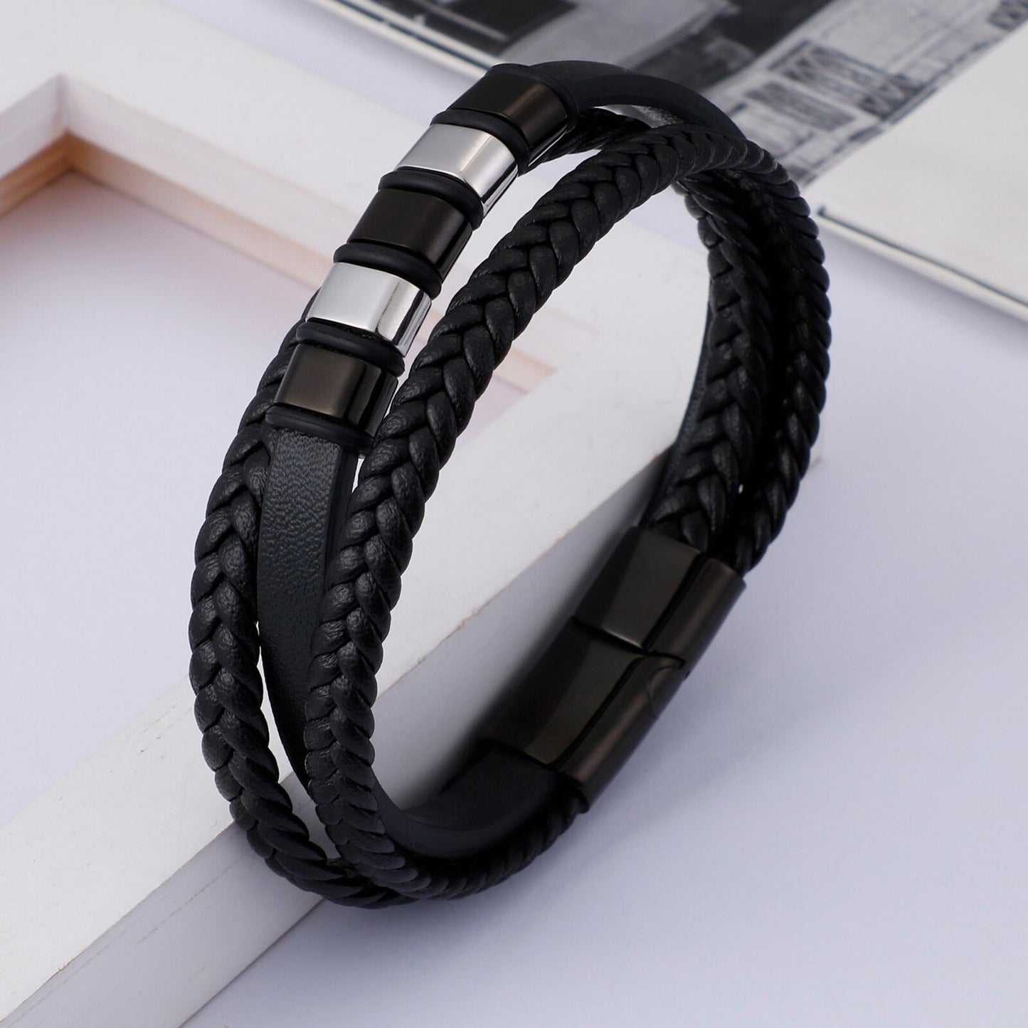 Braided Leather Band Mens Bracelet