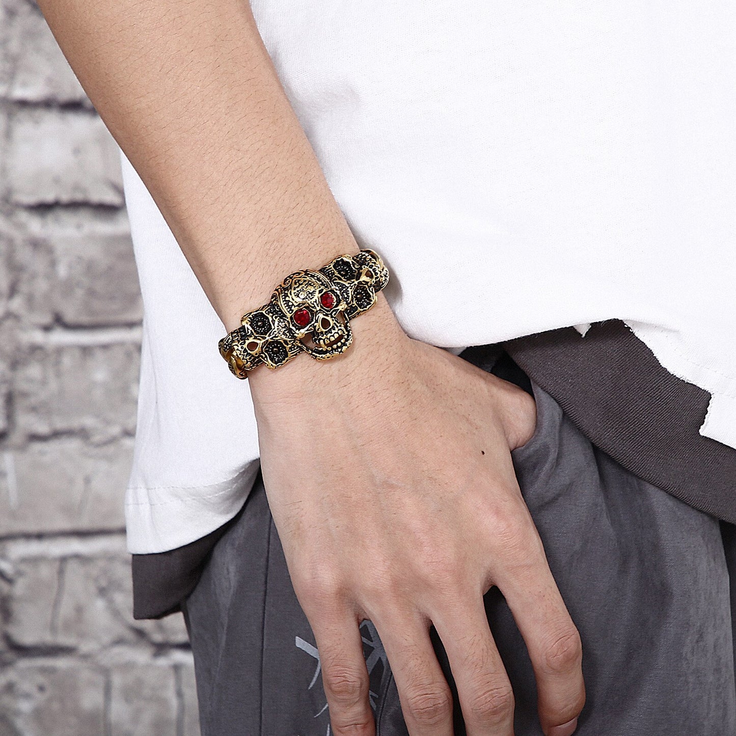 Garnet and Steel Sugar Skull Mens Bracelet