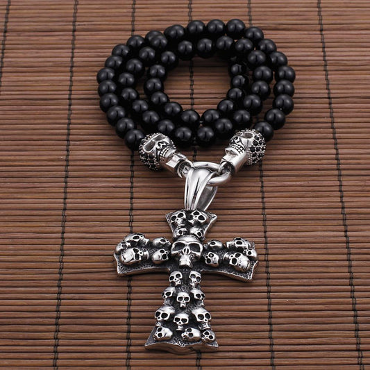 Skull Cross Stone Bead Mens Necklace