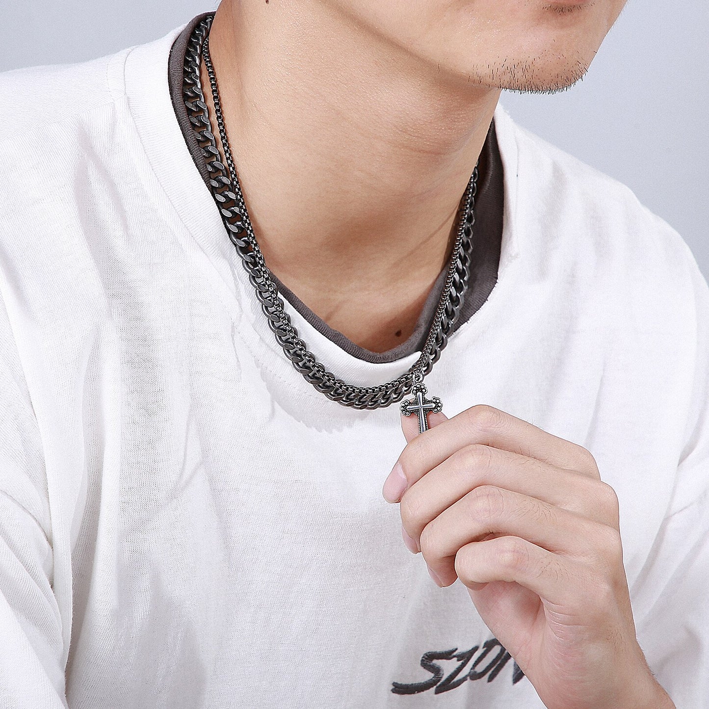 Mens Double Chain Cross Necklace