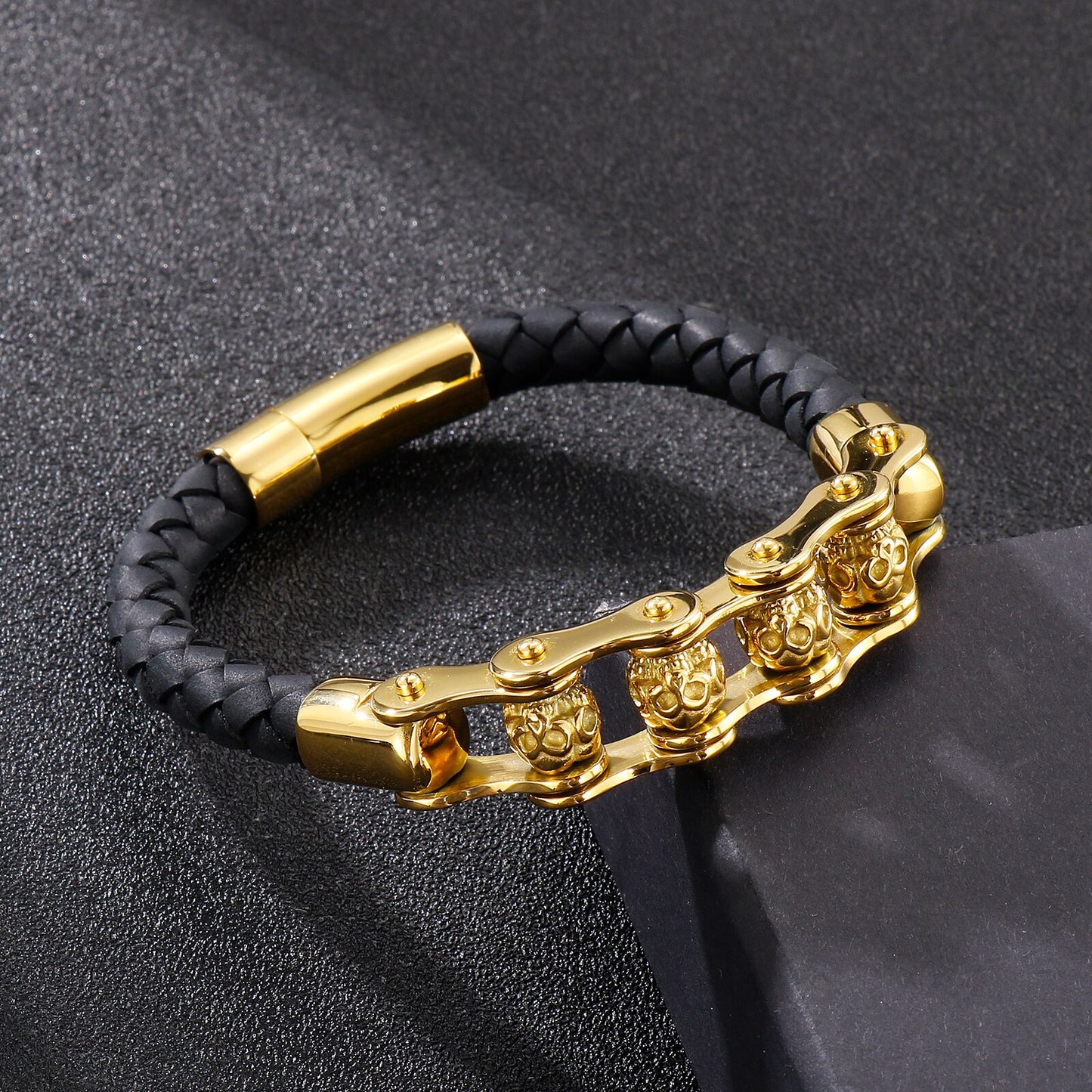 Skull Bicycle Chain Steel and Leather Mens Bracelet