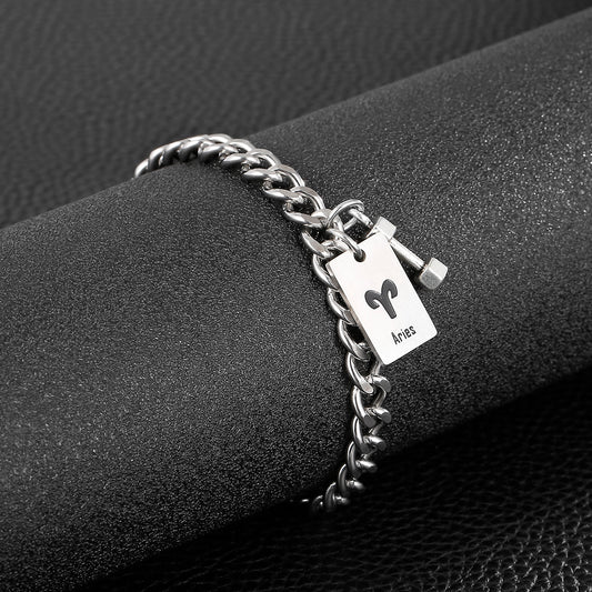 Aries Constellation and Weight Charm Curb Link Chain Mens Bracelet