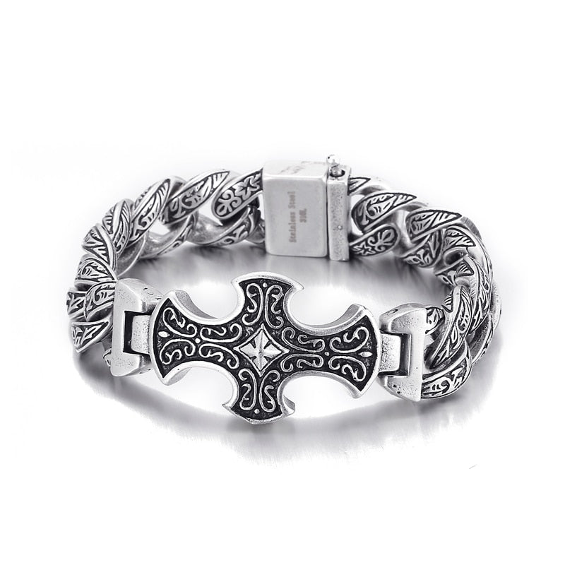 Viking Cross Ancient Scrollwork Mens Bracelet
