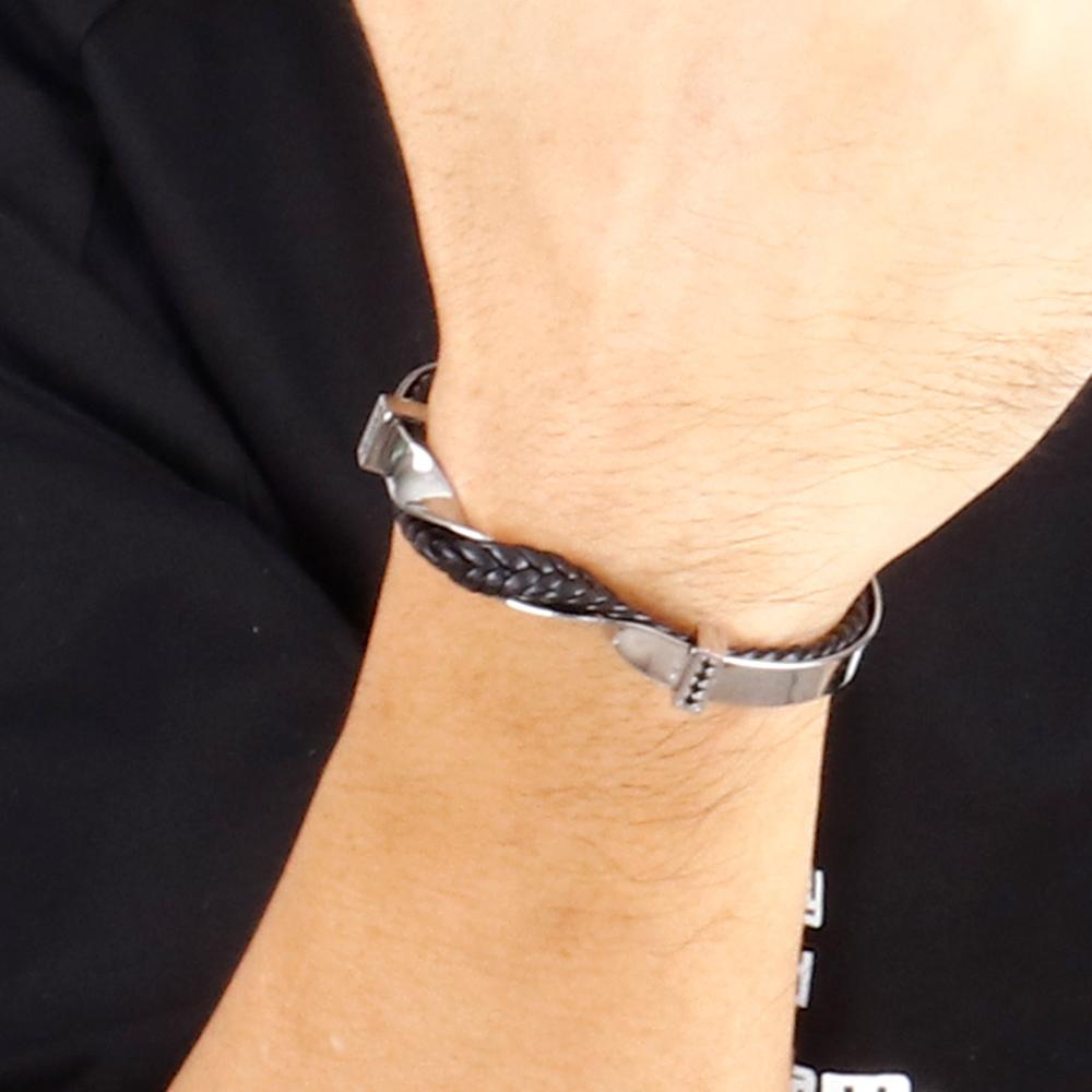 Modern Steel and Leather Bangle Bracelet