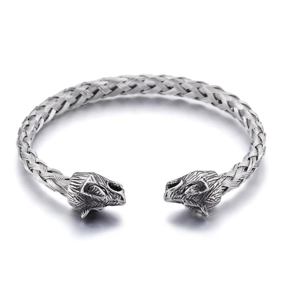 Modern Braided Steel Wolf Bangle Bracelet