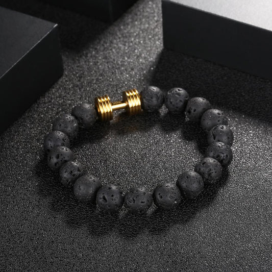 Dumbbell Lava Stone and Tiger's Eye Mens Beaded Bracelet
