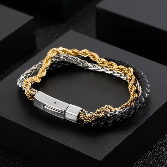 Steel and Leather Tri-Band Mens Bracelet
