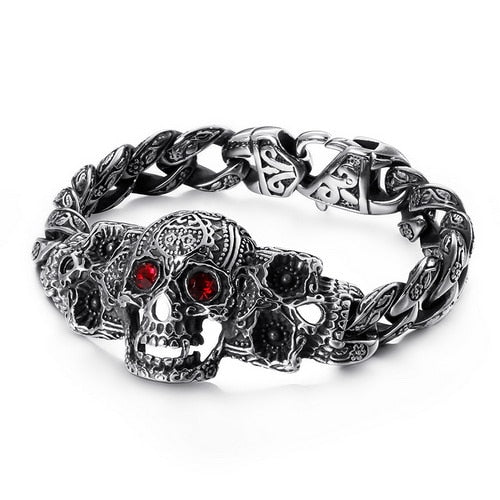 Garnet and Steel Sugar Skull Mens Bracelet