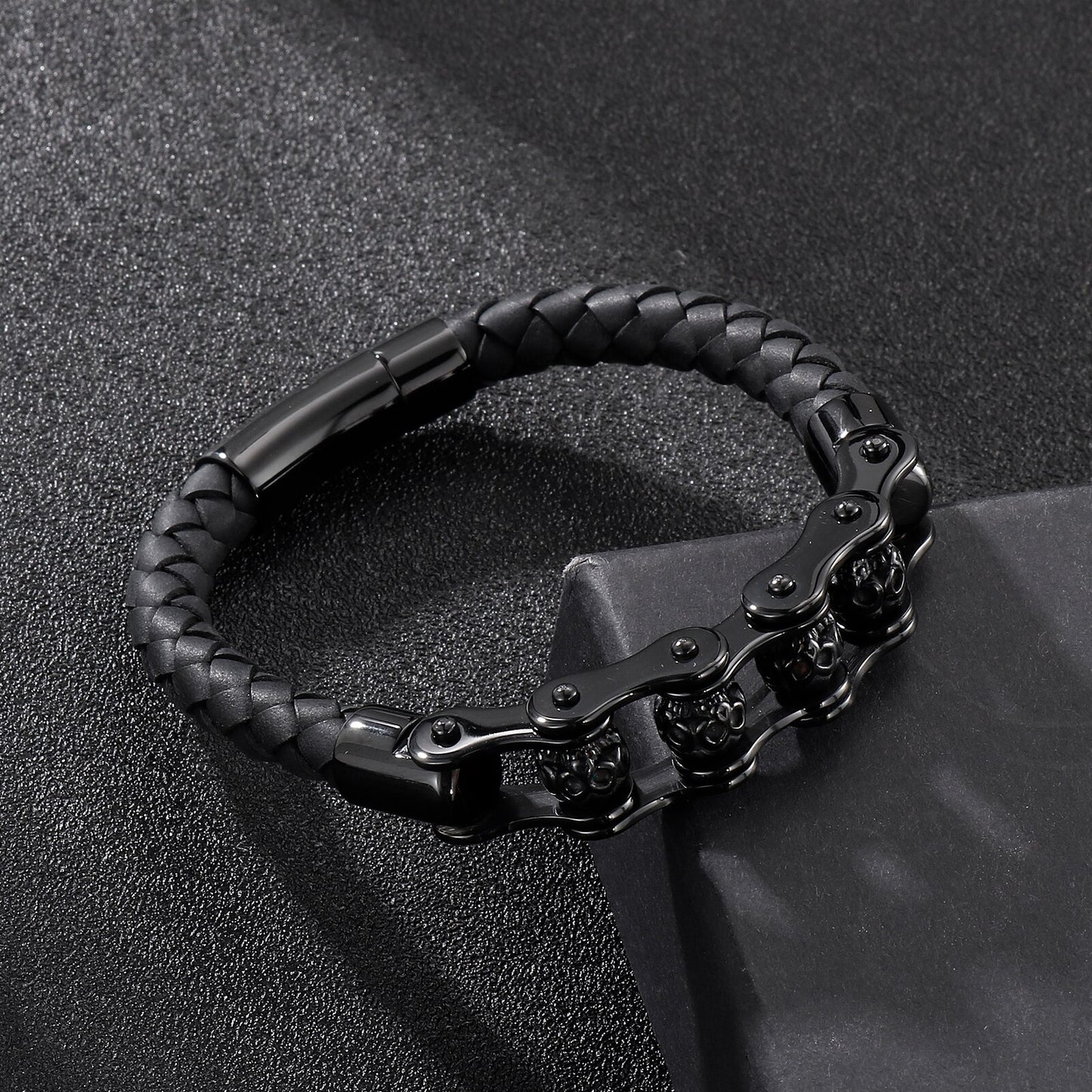 Skull Bicycle Chain Steel and Leather Mens Bracelet