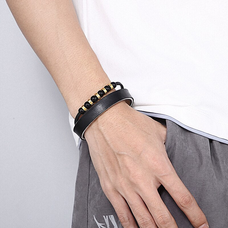 Steel and Onyx Bead Leather Mens Bracelet