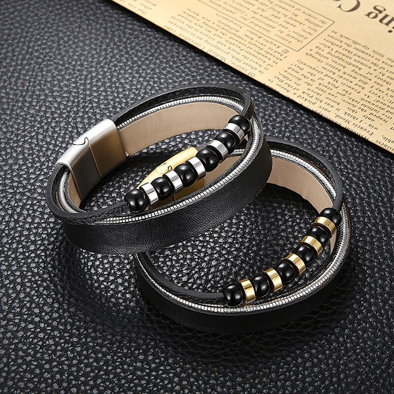 Steel and Onyx Bead Leather Mens Bracelet