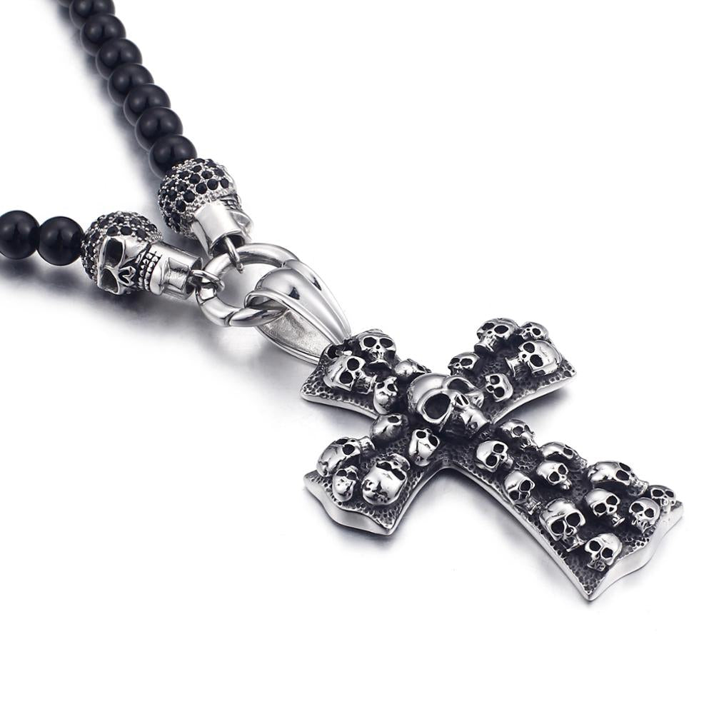 Skull Cross Stone Bead Mens Necklace