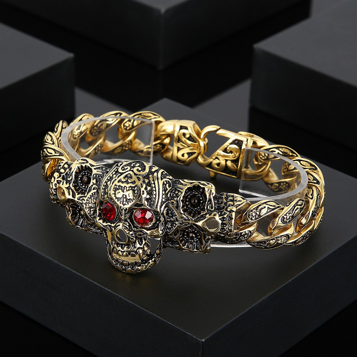 Garnet and Steel Sugar Skull Mens Bracelet