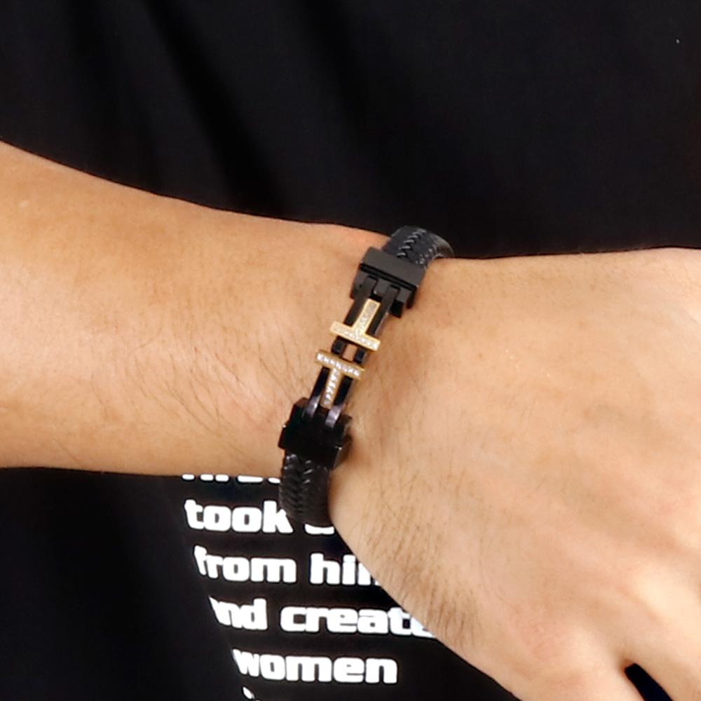 Braided Leather Iced Out Bridge Bracelet