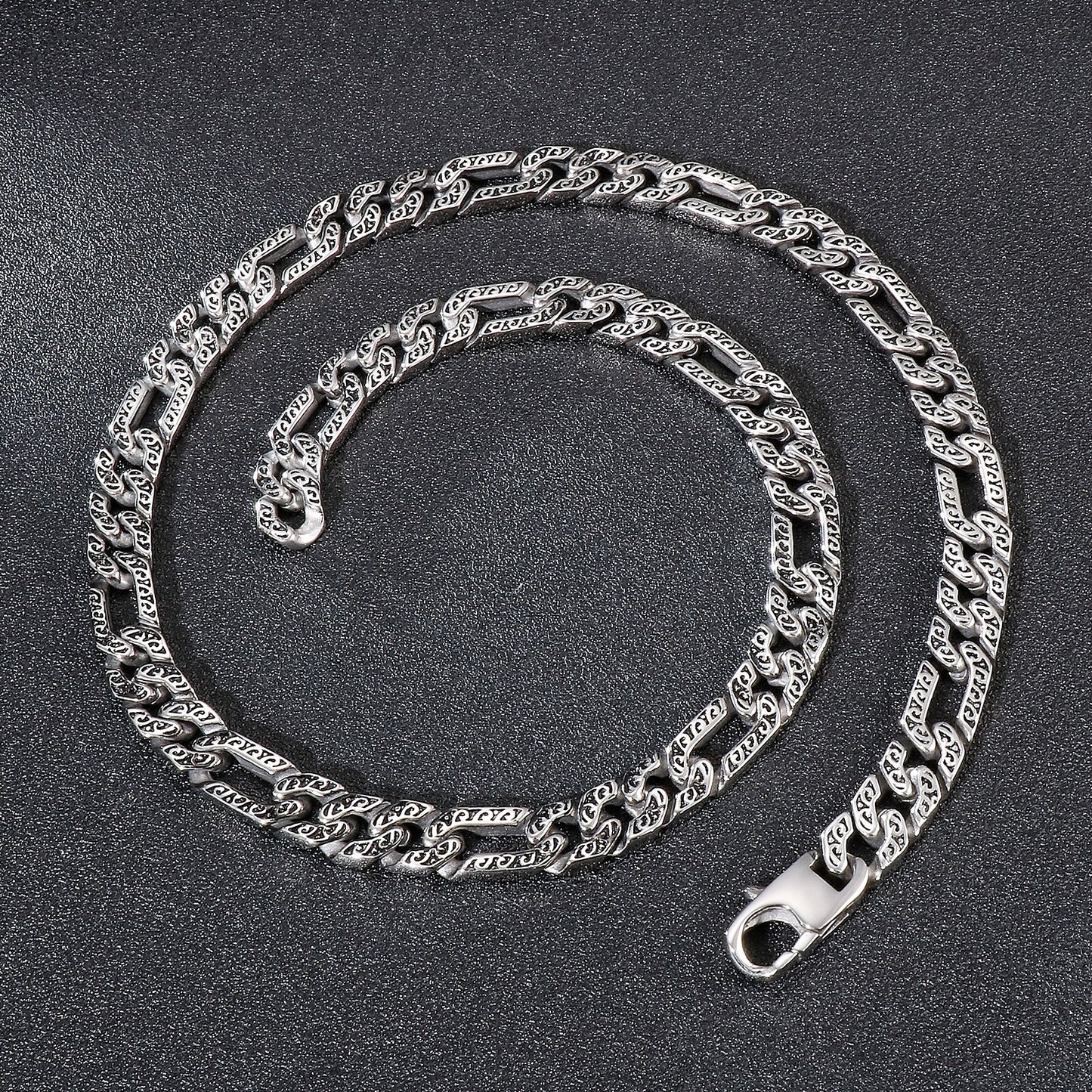 Wave Scrollwork Mens Figaro Chain Necklace
