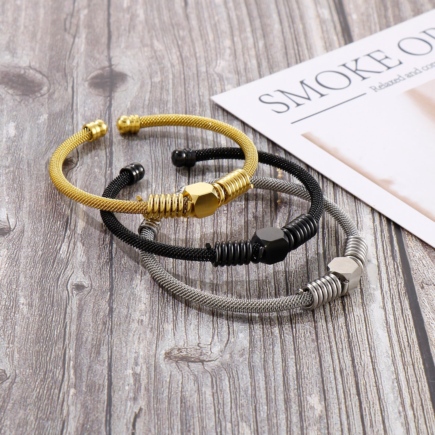 Steel Mesh and Coil Cuff Mens Bracelet