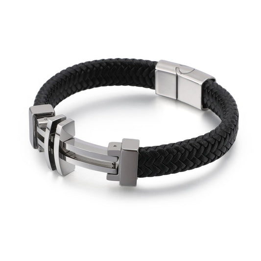 Minimalist Steel and Leather Cross Bracelet