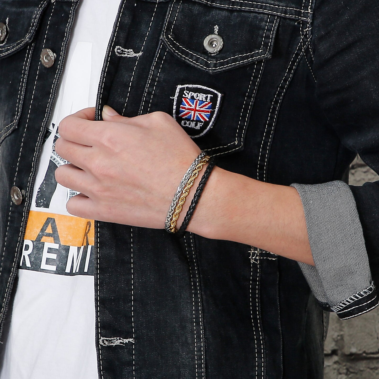 Steel and Leather Tri-Band Mens Bracelet