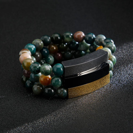 Jade Stone Bead Mens Bracelet with Bar Clasp
