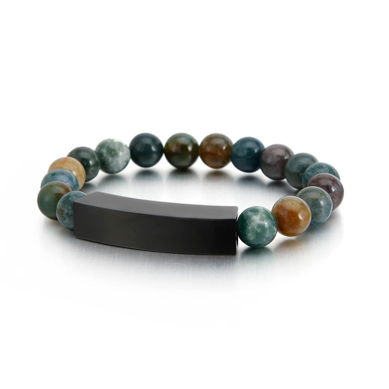 Jade Stone Bead Mens Bracelet with Bar Clasp