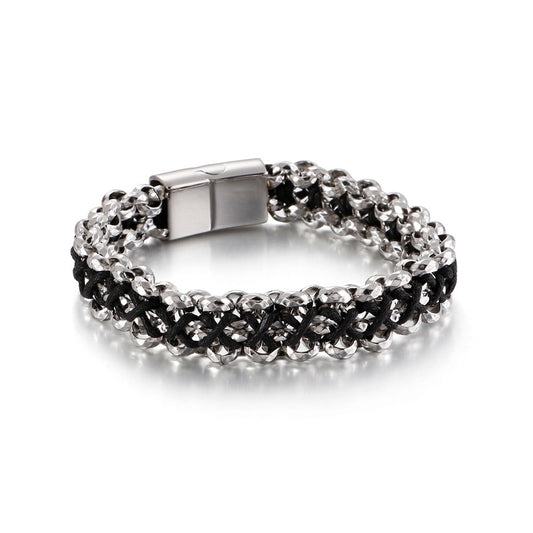 Leather and Steel Geometric Chain Bracelet