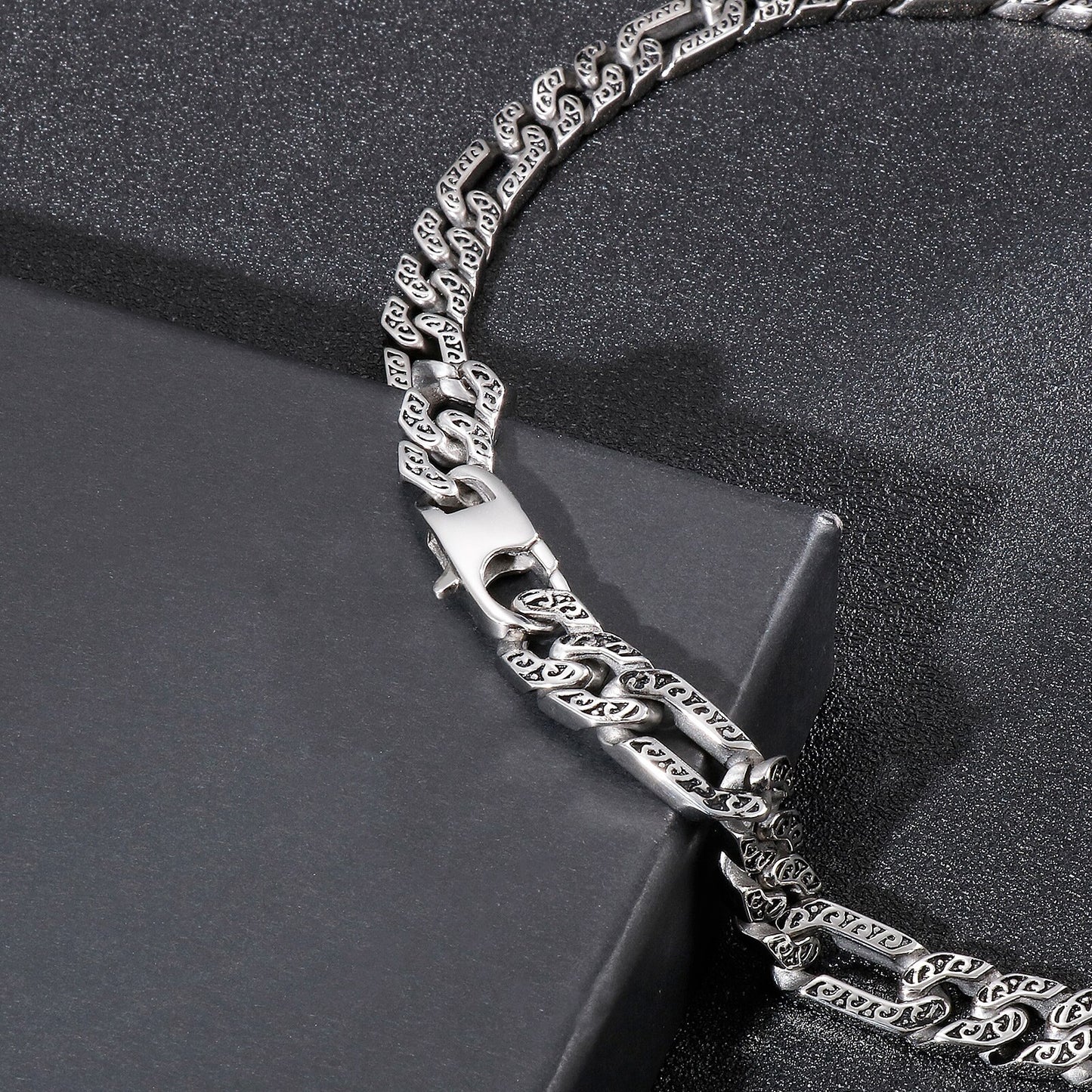 Wave Scrollwork Mens Figaro Chain Necklace