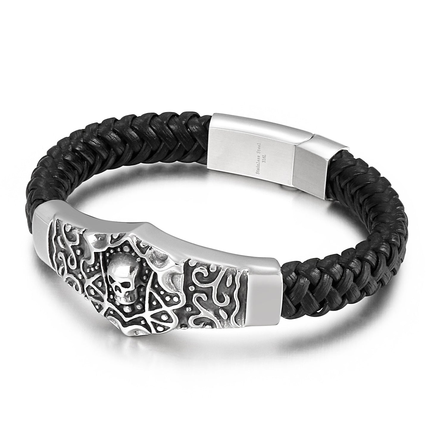 Woven Leather and Stainless Steel Chain Mens Bracelet