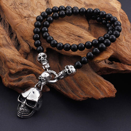 Stone and Steel Skull Capped Beaded Stone Mens Necklace