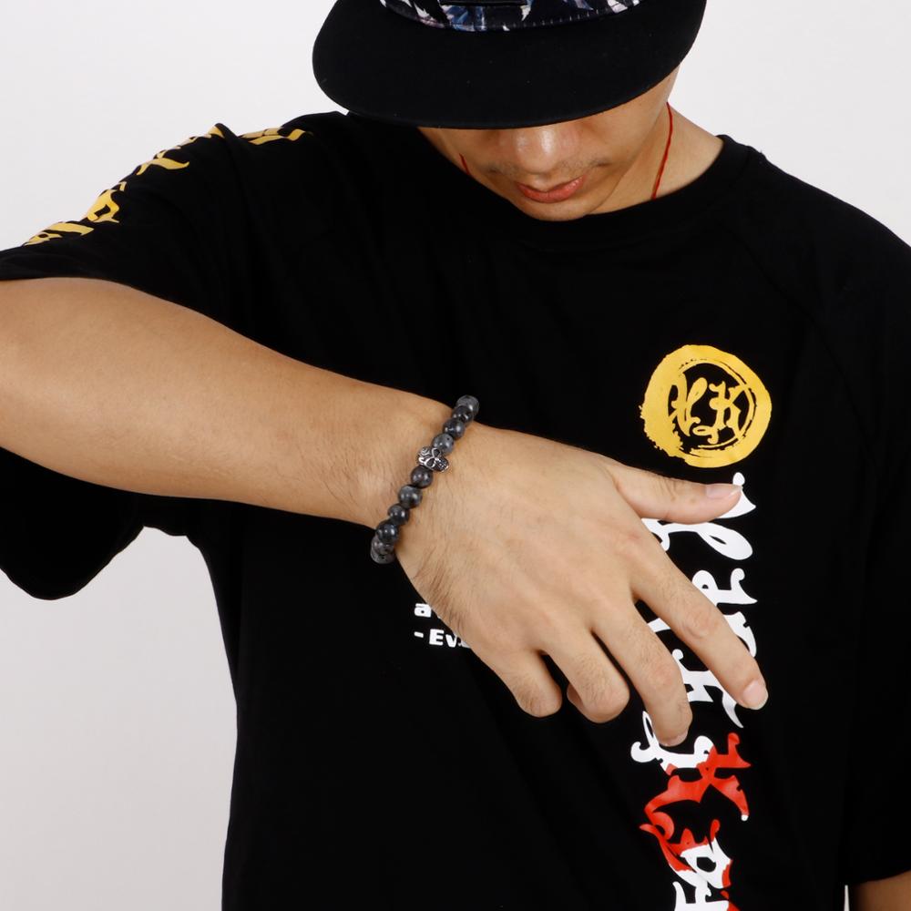 Skull Charm Stone Mens Beaded Bracelet