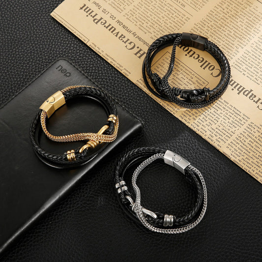 Leather and Chain Triple Strand Bracelet