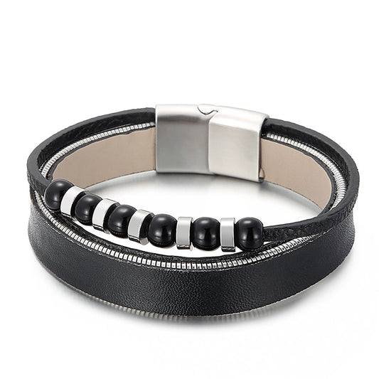 Steel and Onyx Bead Leather Mens Bracelet