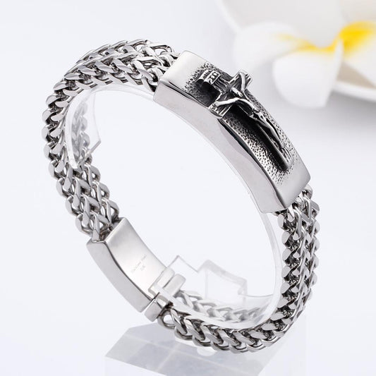 Crucifix Woven Steel Mens Bracelet