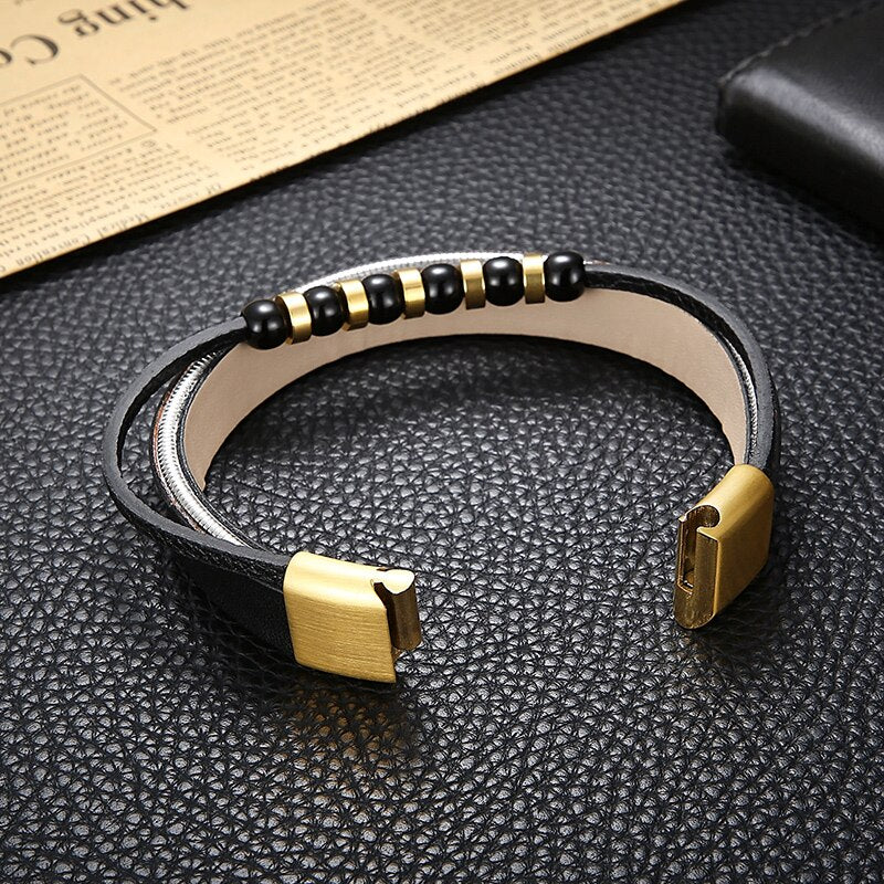 Steel and Onyx Bead Leather Mens Bracelet