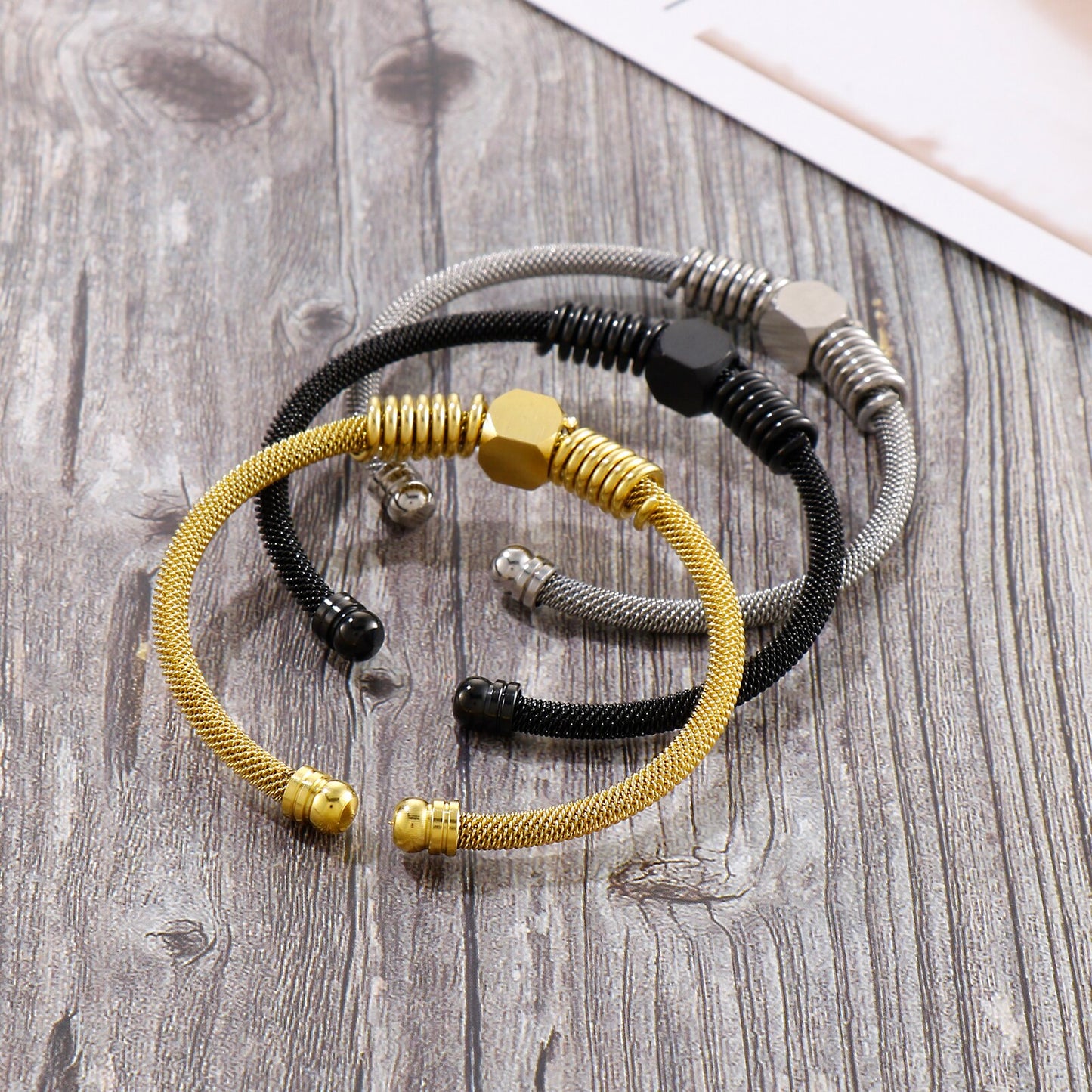 Steel Mesh and Coil Cuff Mens Bracelet