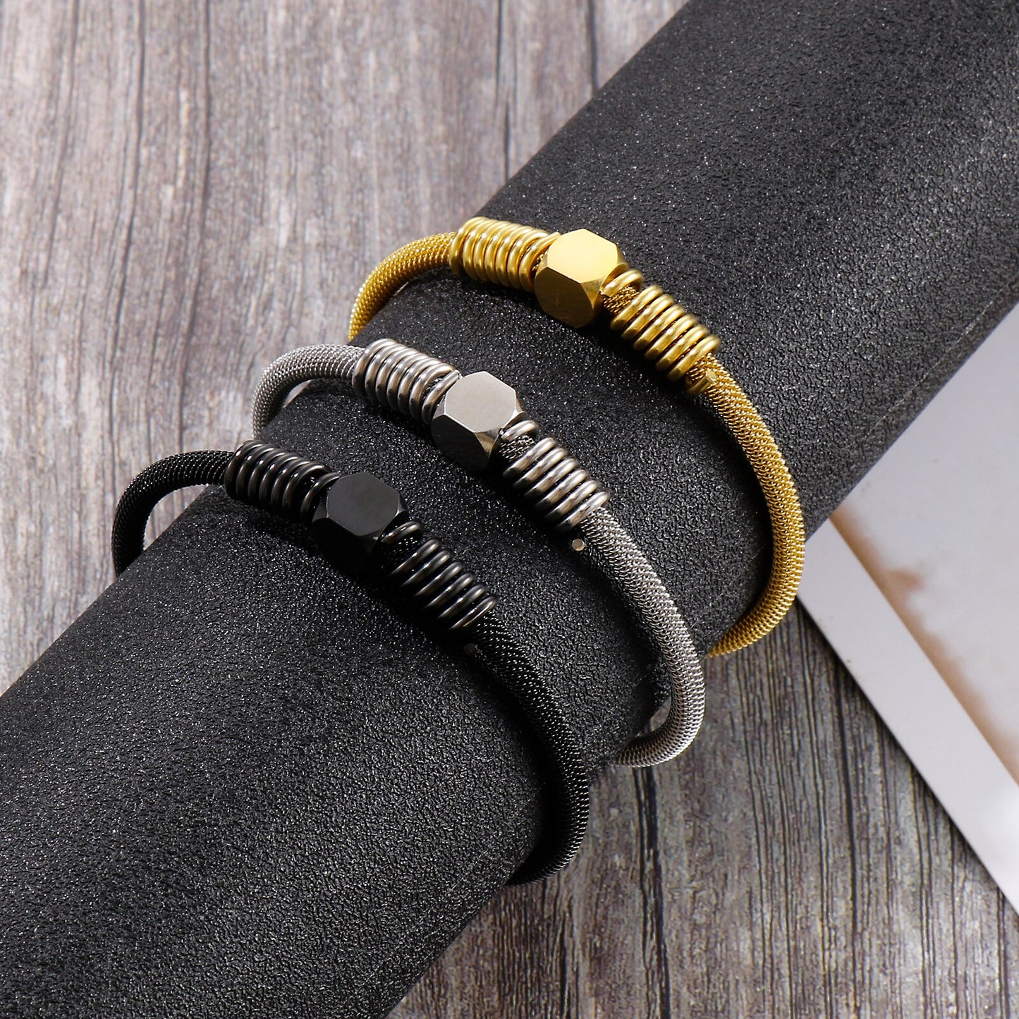 Steel Mesh and Coil Cuff Mens Bracelet