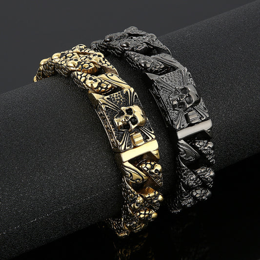 Serpentskin and Skull Steel Cuban Chain Bracelet