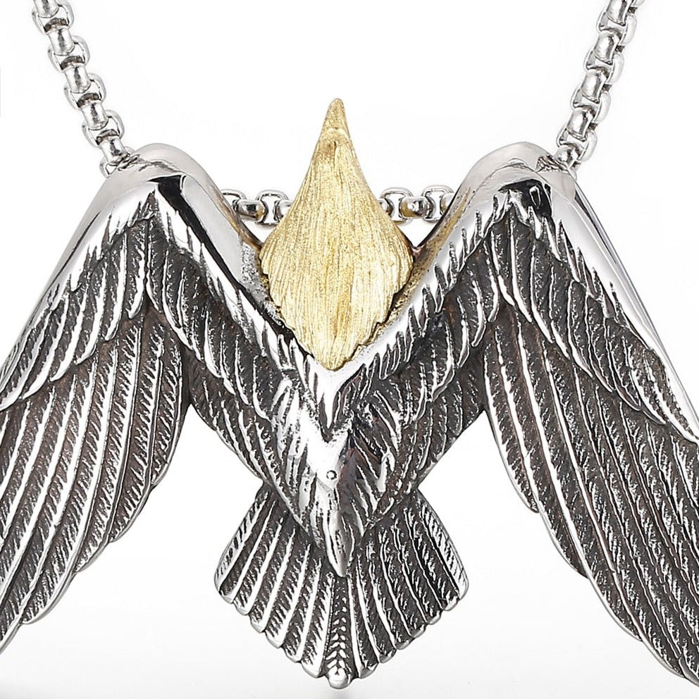 Gold and Steel Soaring Eagle Pendant Necklace