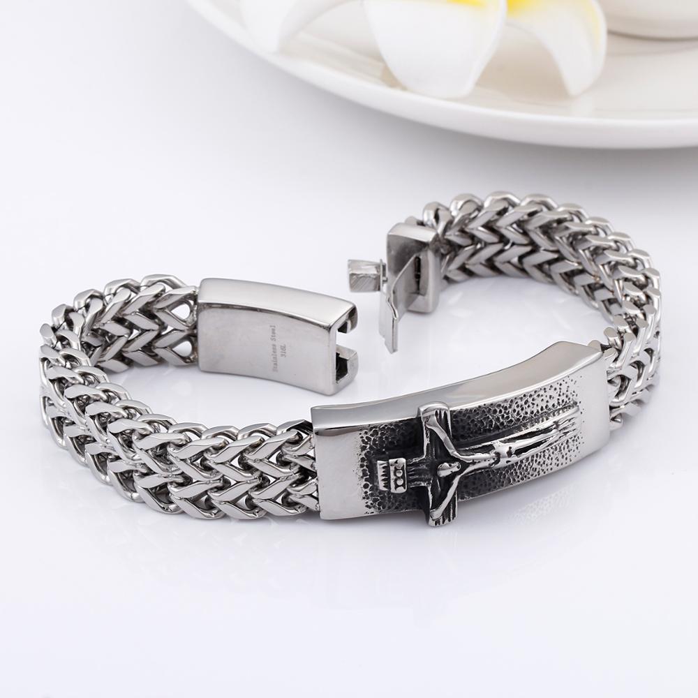 Crucifix Woven Steel Mens Bracelet