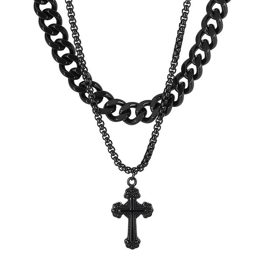 Mens Double Chain Cross Necklace